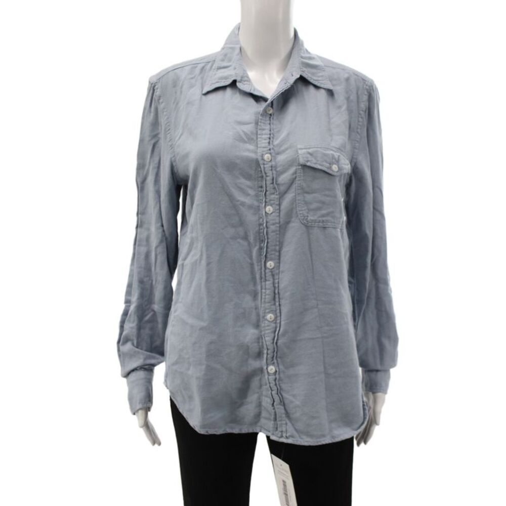 SKU Women Basic Blue Cotton Collared Button Up Long Sleeve Top Size S